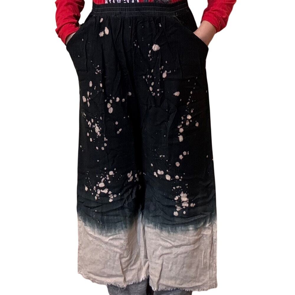 R33-XL NWT Umgee Linen Blend Bleach Dip Dye Elastic Waistband Wide Leg Pants